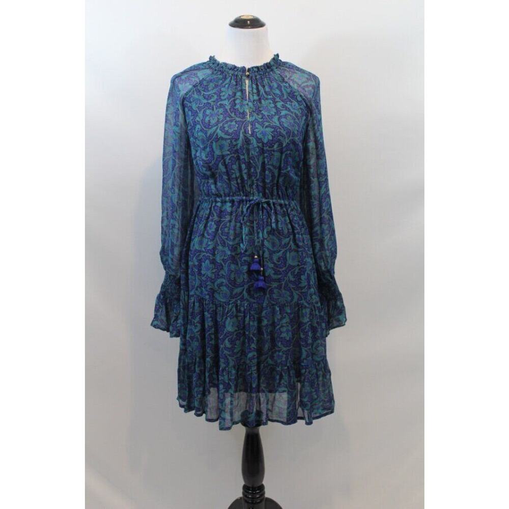 FIGUE Sz XS Blue Green Floral Kaia Smocked Dress Long Sleeve Boho - Picture 1 of 9